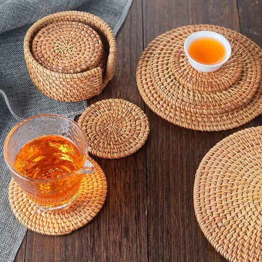 Natural Rattan Woven Coaster Set | Boho Coffee Table Décor